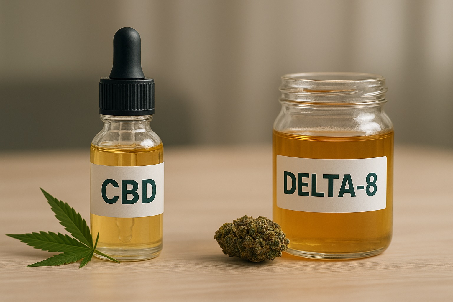 ide-by-side comparison of CBD oil dropper bottle and Delta-8 THC jar with cannabis bud and hemp leaf on a wooden table, realistic product photo, landscape