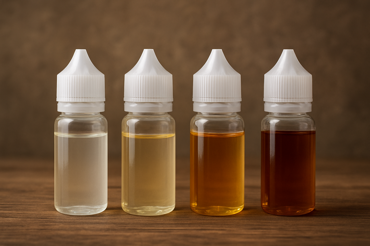 E-liquid bottles for vaping, showing different nicotine vape juice colors from clear to dark amber