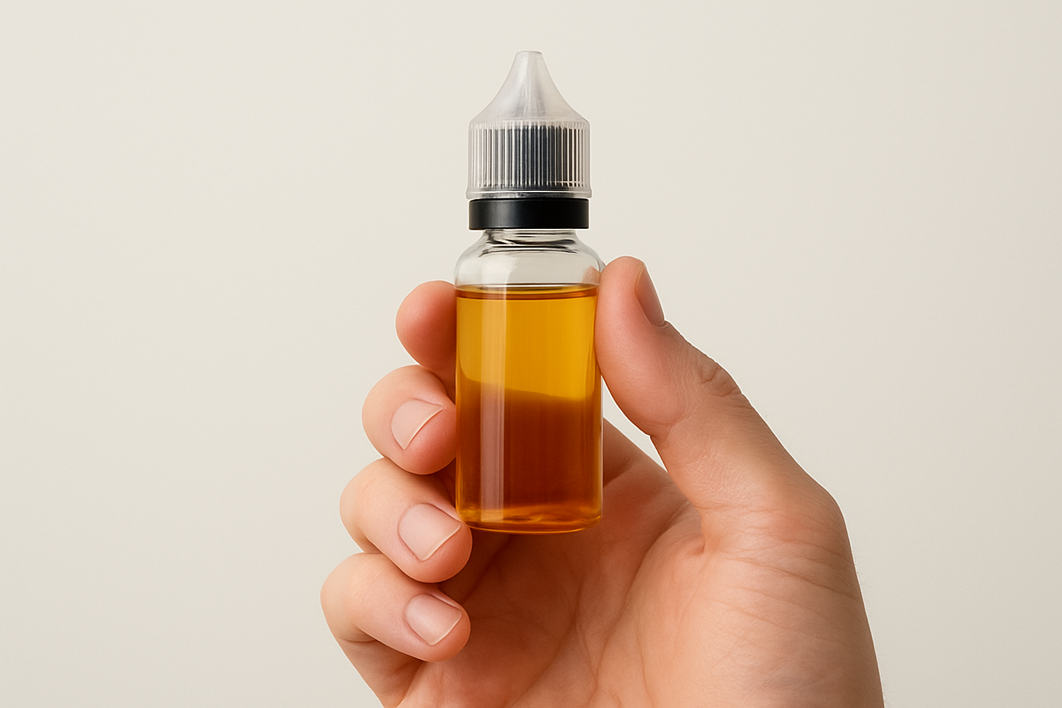 Hand holding a 50/50 shortfill e-liquid vape juice bottle with amber liquid on a minimalist white background