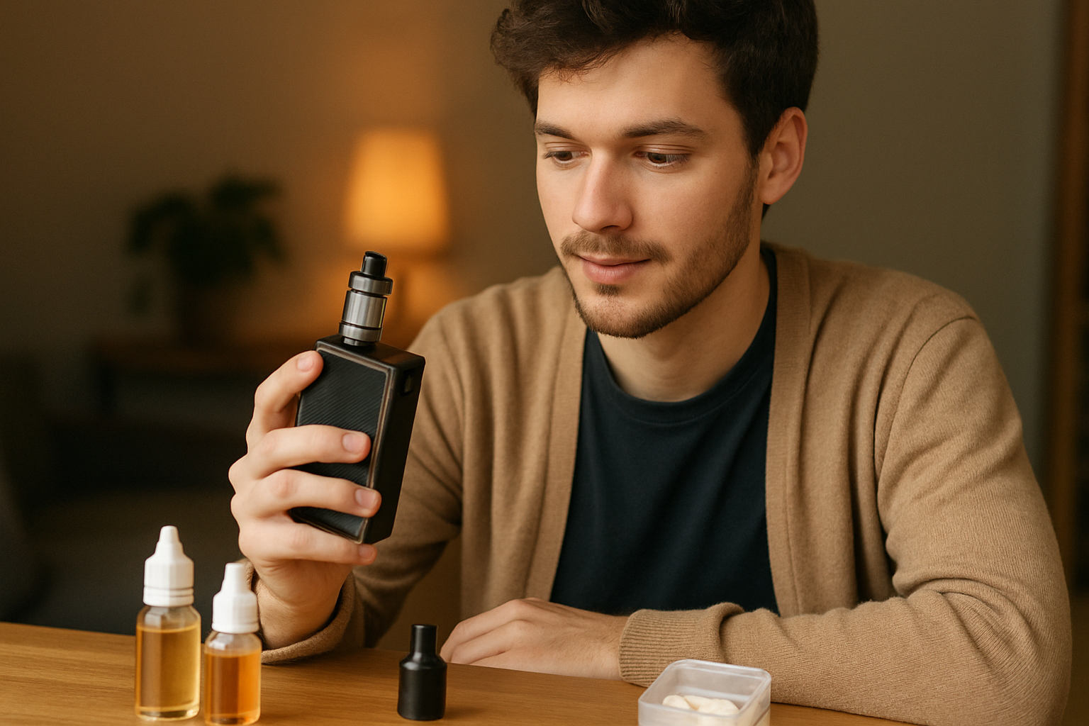 Beginner vaper examining a box mod vape kit with e-liquid bottles and vape accessories on the table — exploring an advanced vaping guide and learning proper vaping setup in a cozy indoor setting