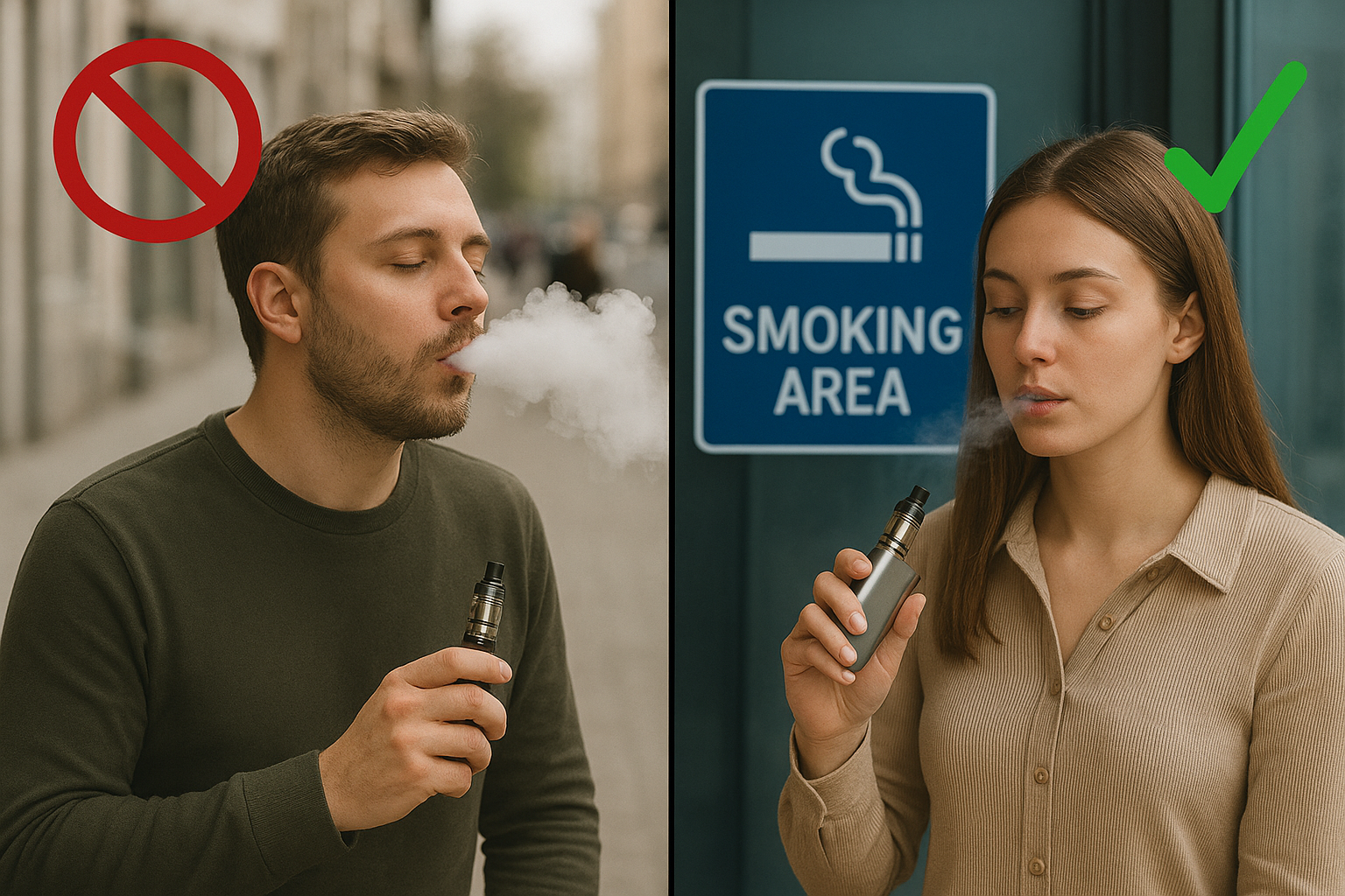 Dos and don’ts of vaping etiquette showing man vaping in public with red cross versus woman vaping responsibly in smoking area with green check mark