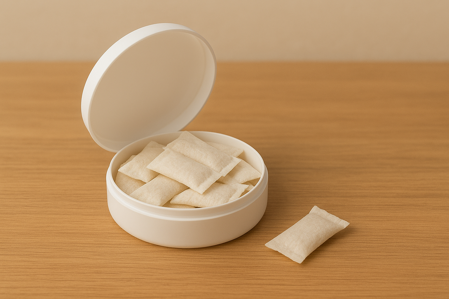 Open round container of nicotine pouches on a wooden surface with one pouch placed outside