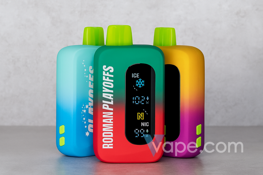 Rodman Playoffs disposable vape devices in vibrant gradient colors with digital display screen showing ice and nicotine levels