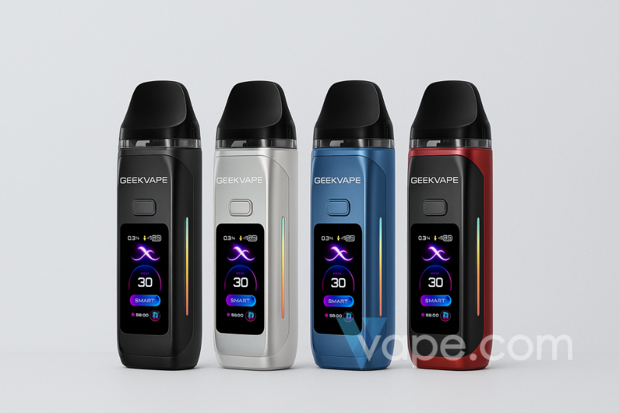 GeekVape Digi Max pod vape kits in black, silver, blue, and red with smart wattage display on minimalist background