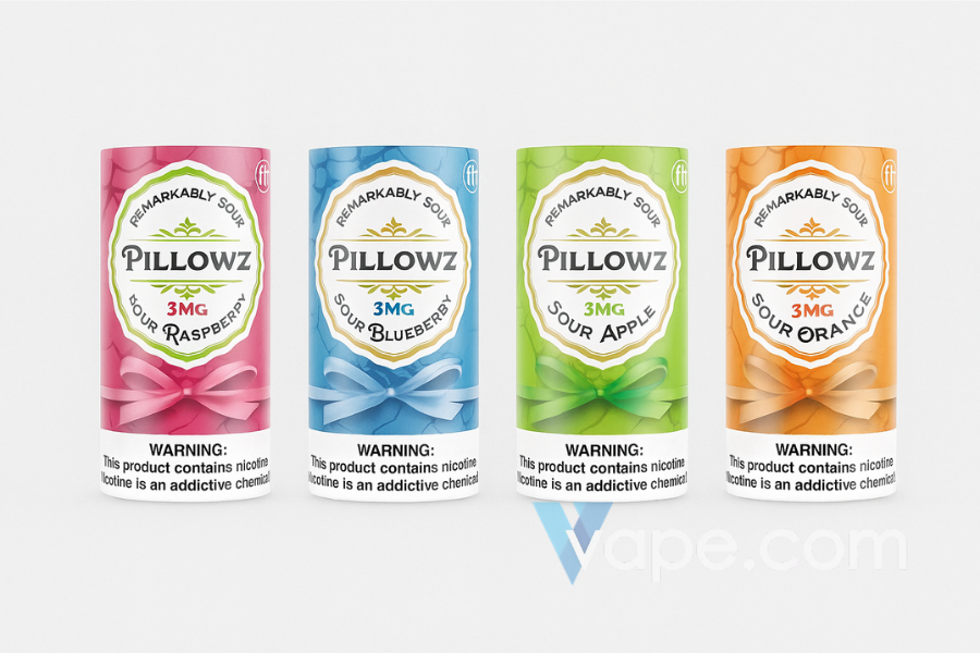 Pillowz TFN nicotine pouches 3mg – Sour Raspberry, Blueberry, Apple, and Orange flavors in colorful cans with warning labels