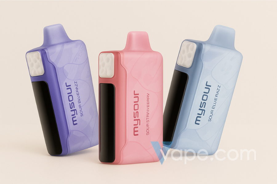 Three Mysour disposable vapes in purple, pink, and blue, featuring a sleek rectangular design with built-in mouthpieces and black side panels