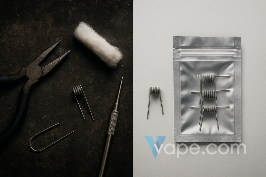 DIY vape coils with tools and cotton on a dark workbench contrasted with pre-built vape coils in packaging on a clean white surface, showing the difference between custom and ready-made vaping coils