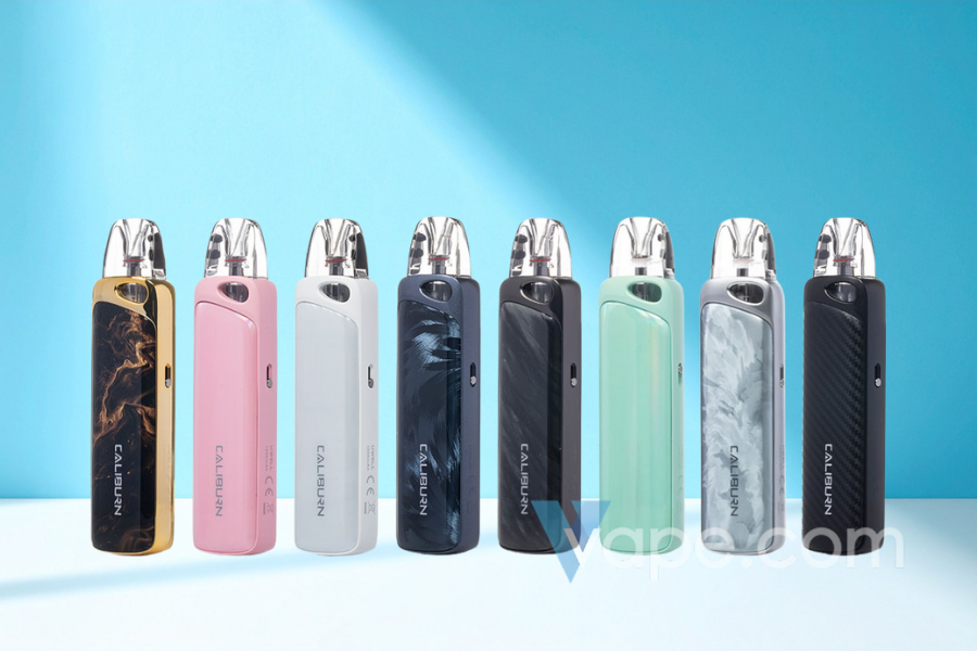 Eight different colored Caliburn vape devices lined up against a blue background.