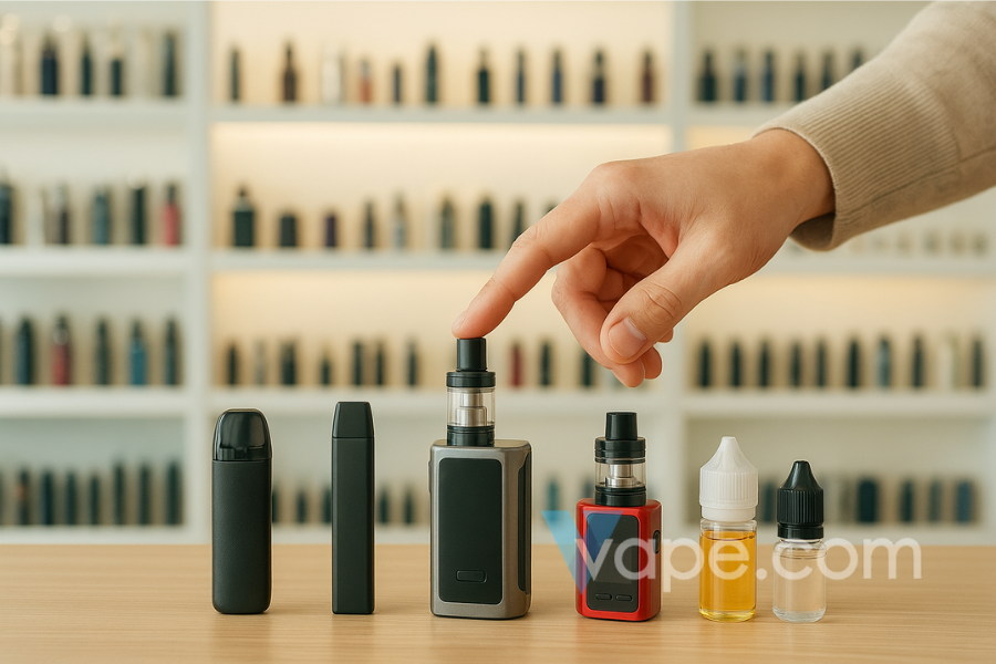 Beginner choosing a first vape device in a modern vape shop, with pod systems, box mods, and e-liquid bottles neatly displayed on a counter