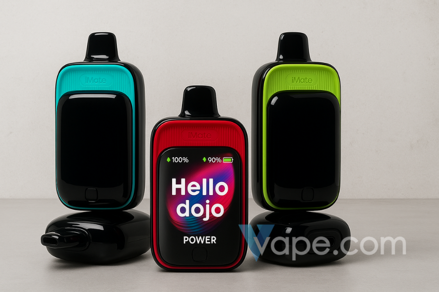 iMate Dojo Power disposable vape devices in red, teal, and lime green with digital display – high puff count pod system for modern vaping