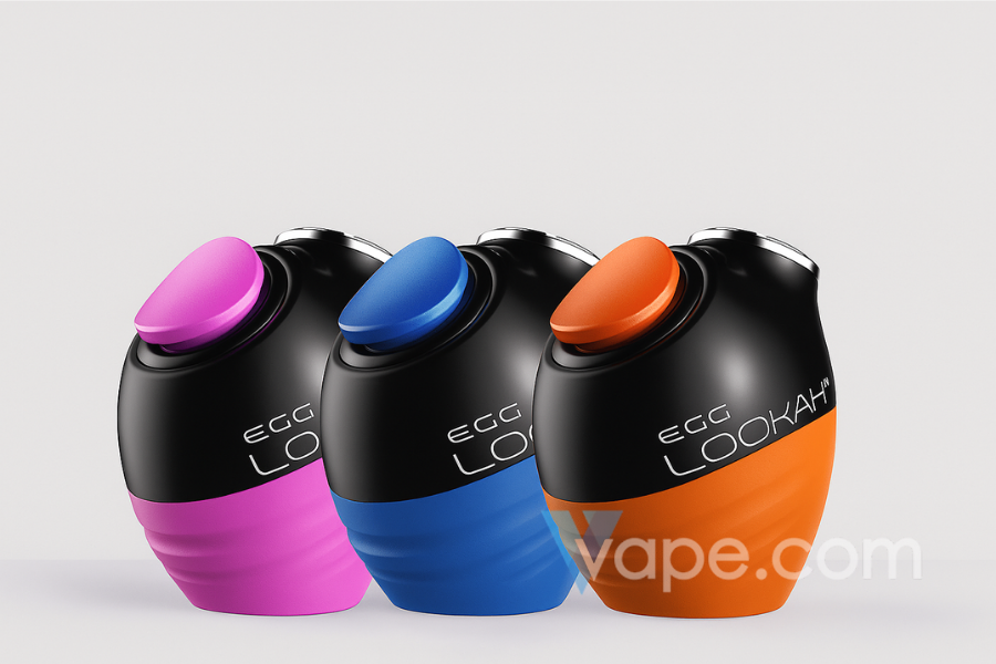 Lookah Egg 510 Box Mod in pink, blue, and orange with sleek black tops on a minimalist background