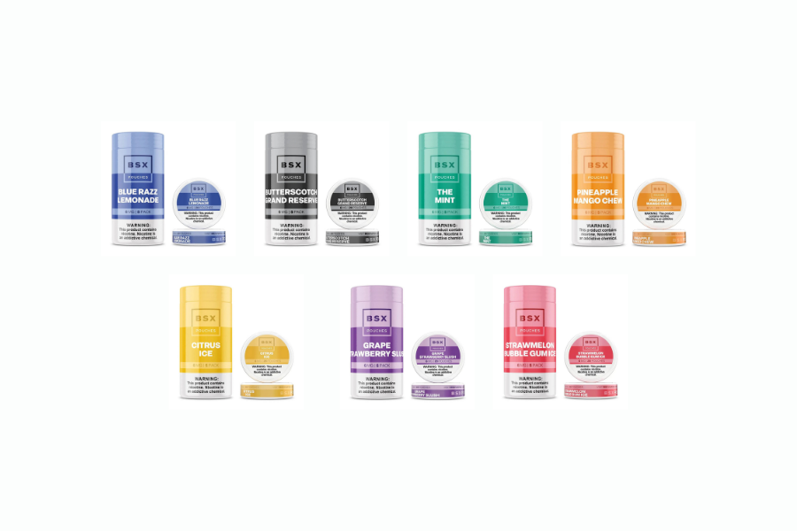 Variety of colorful containers with different flavored products: Blue Razz Lemonade, Butterscotch, The Mint, Pineapple Mango Chew, Citrus Ice, Grape Strawberry Slush, and Strawberry Bubble Gum