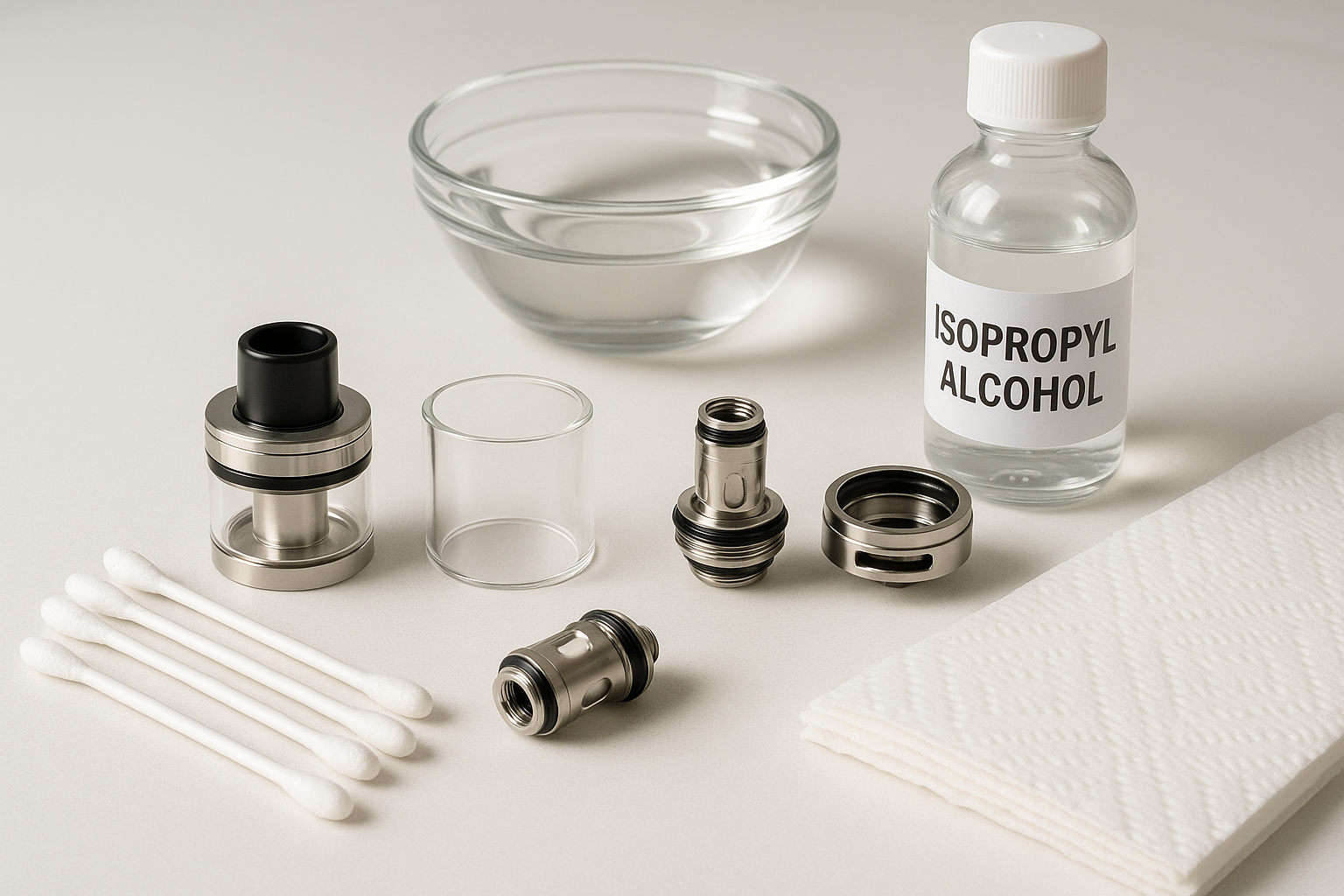 Disassembled vape tank with cotton swabs, cloth, and cleaning tools, highlighting the importance of regular vape maintenance.