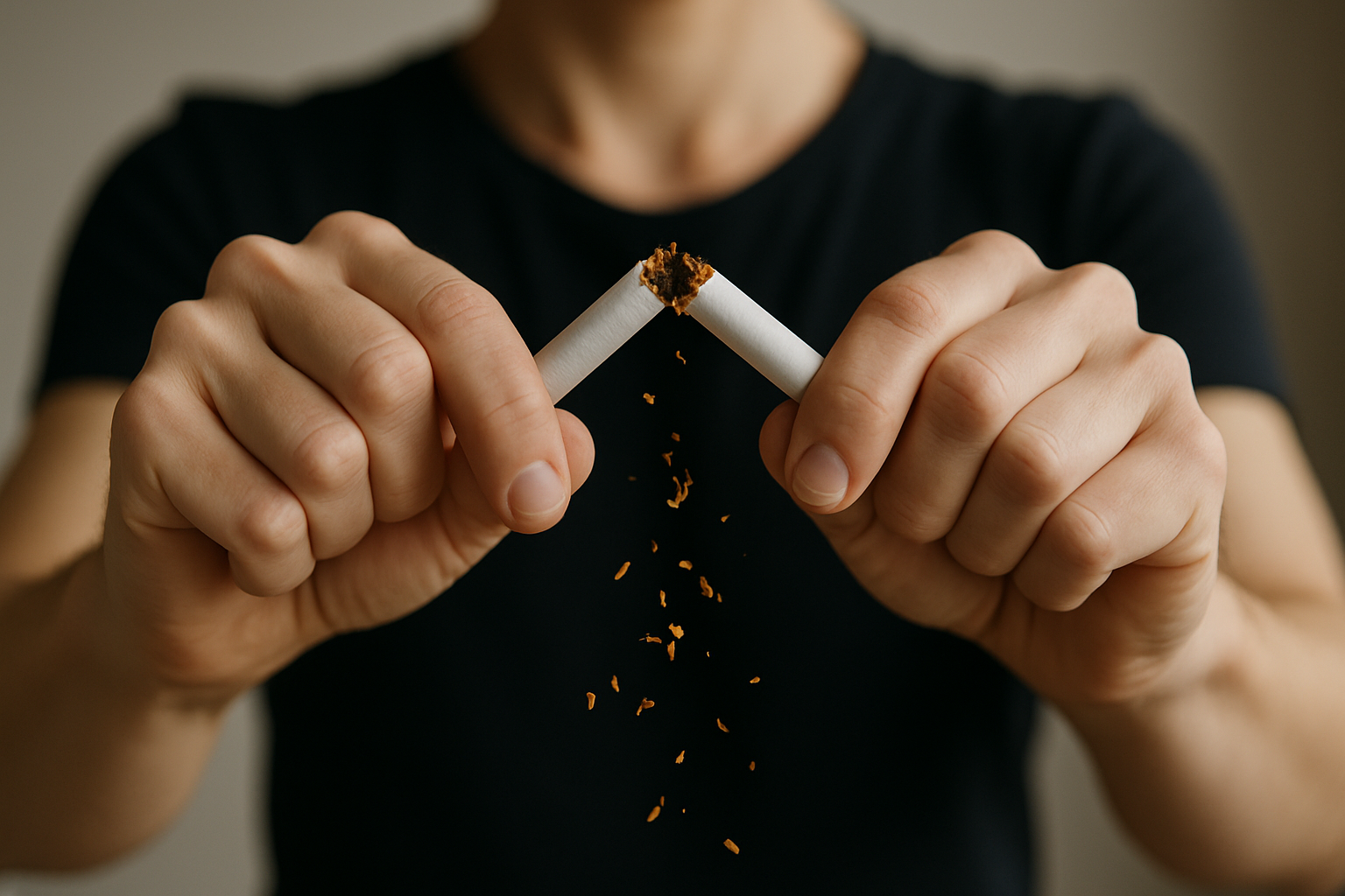Person breaking a cigarette in half, symbolizing quitting smoking.