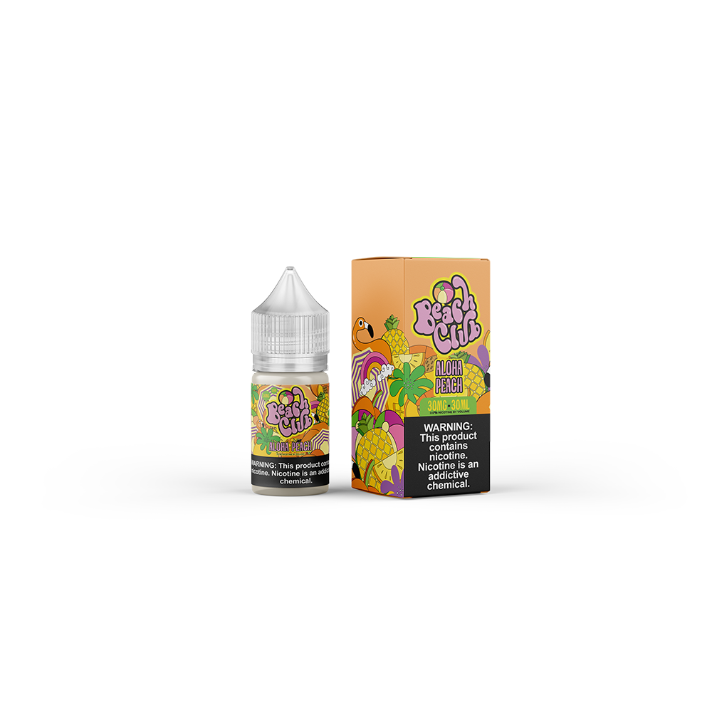 Aloha Peach by Beach Club E-Liquid 30mL (Salts) with packaging