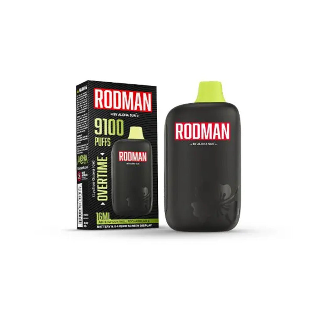 Aloha Sun Rodman 9100 Puffs 16mL 50mg Disposable Overtime (Lychee Guava Ice) with packaging