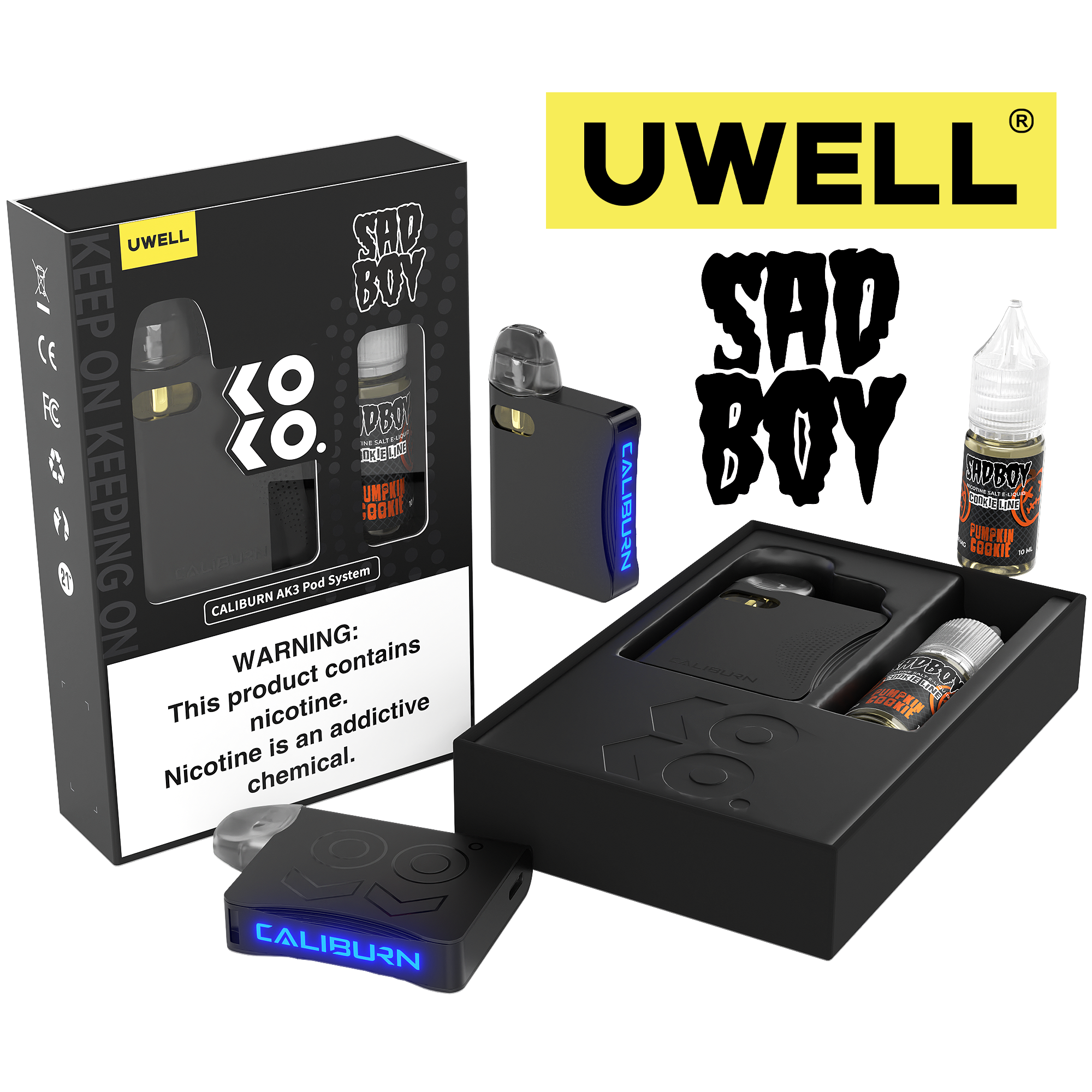 Uwell Caliburn AK3 Kit + A3S 0.8ohm Pods (x2) + Daddy's Vapor 10mL Salts 50mg Media 2 of 11 set pumpkin cookie