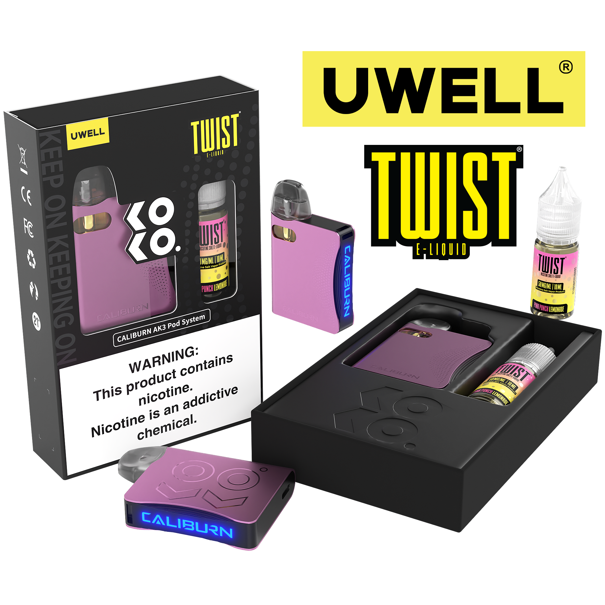 Uwell Caliburn AK3 Kit + A3S 0.8ohm Pods (x2) + Daddy's Vapor 10mL Salts 50mg set