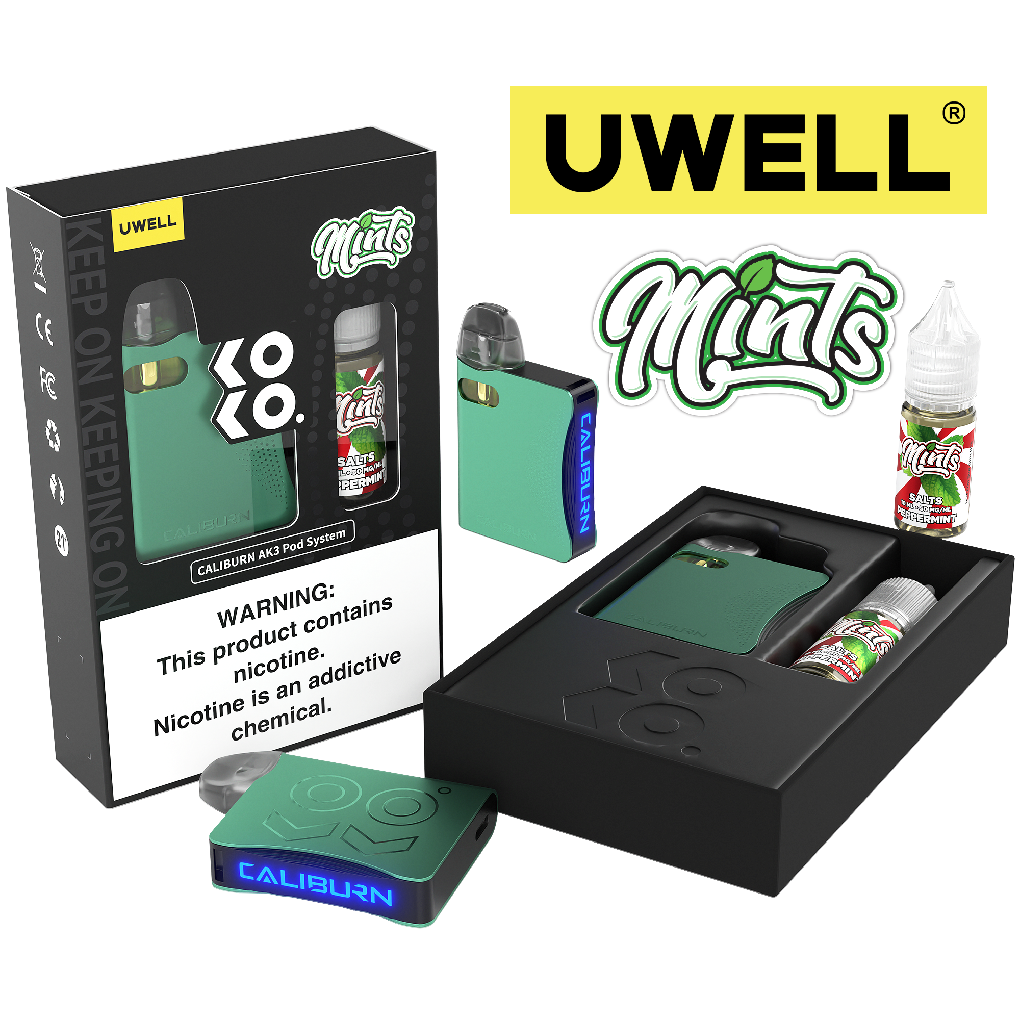 Uwell Caliburn AK3 Kit + A3S 0.8ohm Pods (x2) + Daddy's Vapor 10mL Salts 50mg set