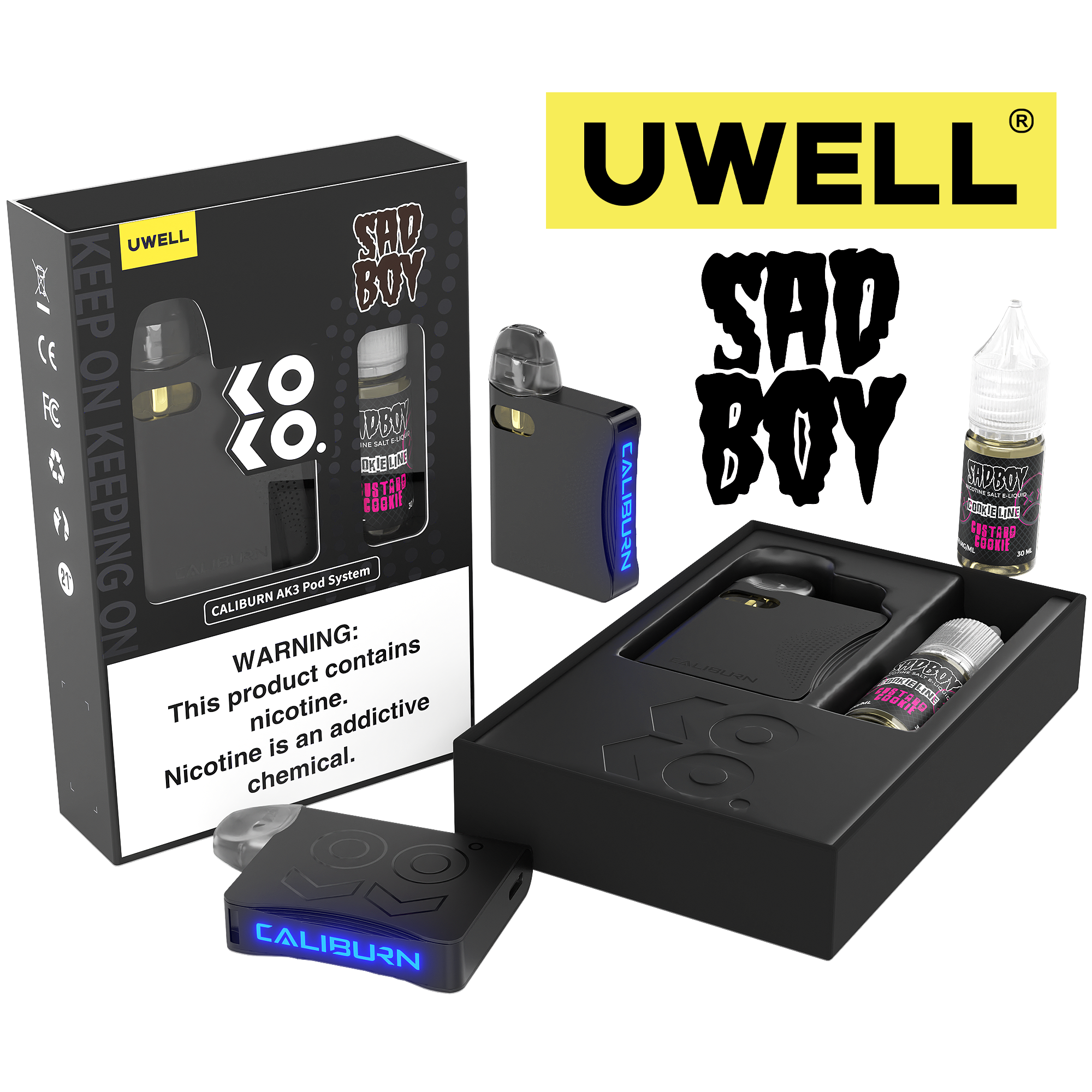 Uwell Caliburn AK3 Kit + A3S 0.8ohm Pods (x2) + Daddy's Vapor 10mL Salts 50mg set