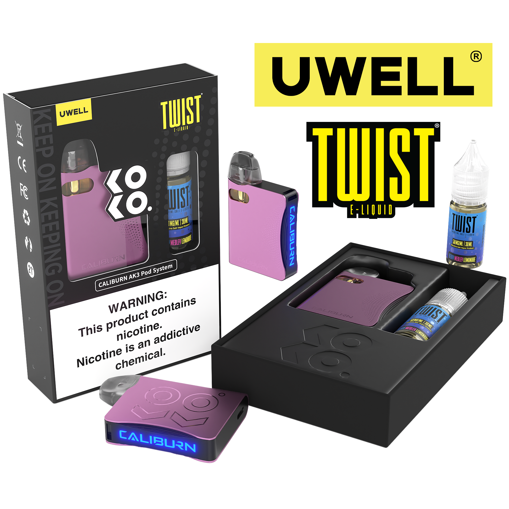 Uwell Caliburn AK3 Kit + A3S 0.8ohm Pods (x2) + Daddy's Vapor 10mL Salts 50mg set