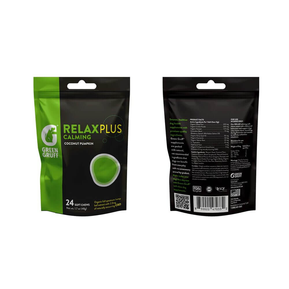 Green Gruff CBD Dog Treats 24ct Pouch Relax Plus Calming Coconut Pumpkin