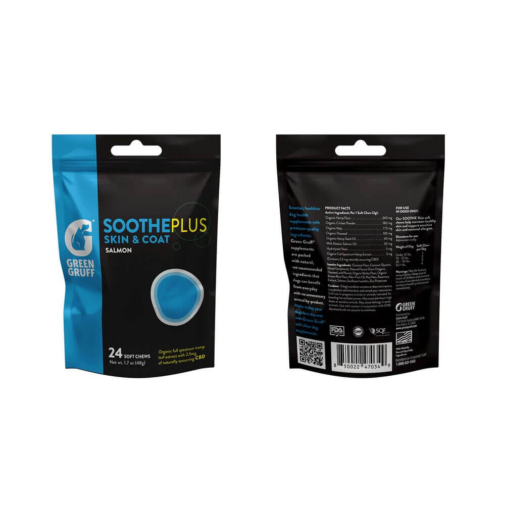 Green Gruff CBD Dog Treats 24ct Pouch Soothe Skin $ Coat Salmon
