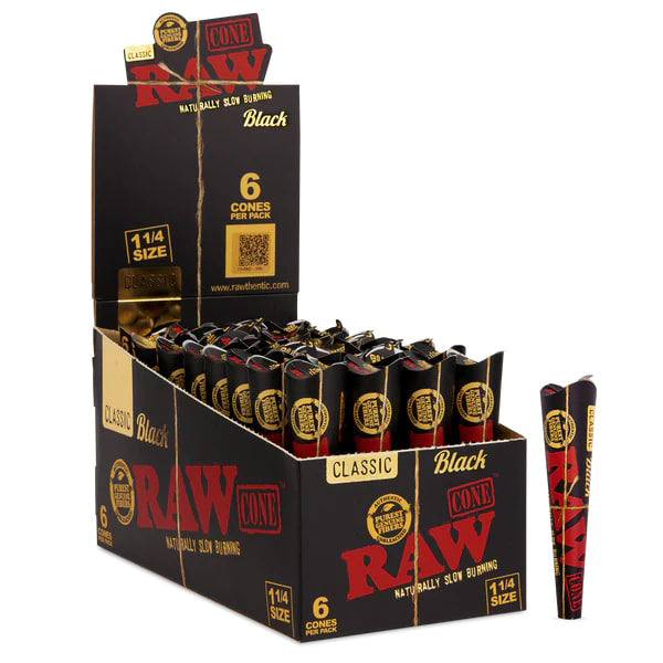 Raw Classic BLACK Cones 1 1/4″ 6-Pack (32pc Display) with packaging