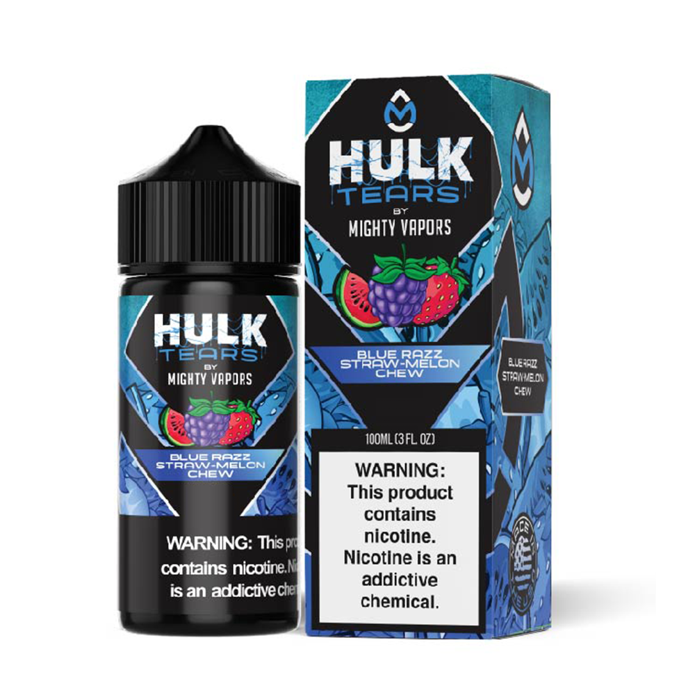 Hulk Tears Blue Razz Straw Melon Chew | Mighty Vapors Hulk Tears | 100mL bottle with packaging