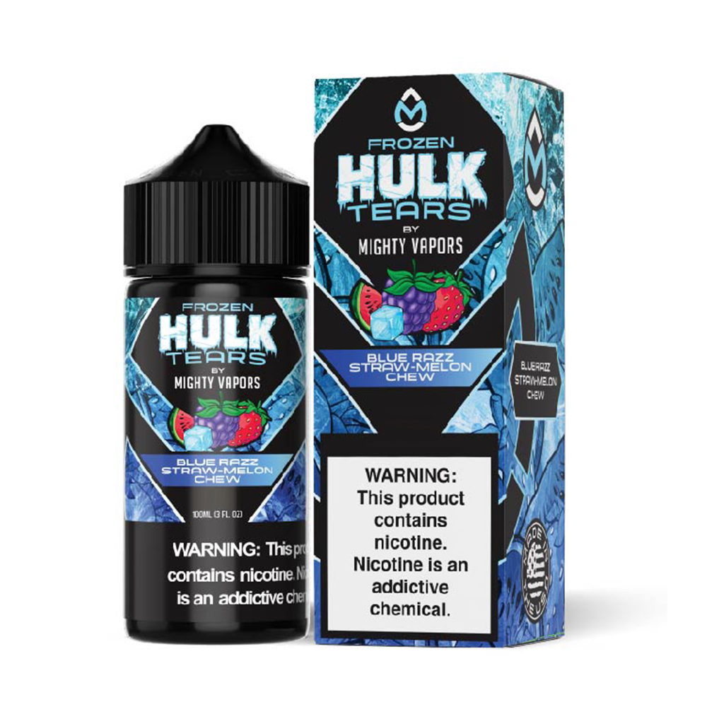 Frozen Blue Razz Straw Melon Chew | Mighty Vapors Hulk Tears | 100mL bottle with packaging