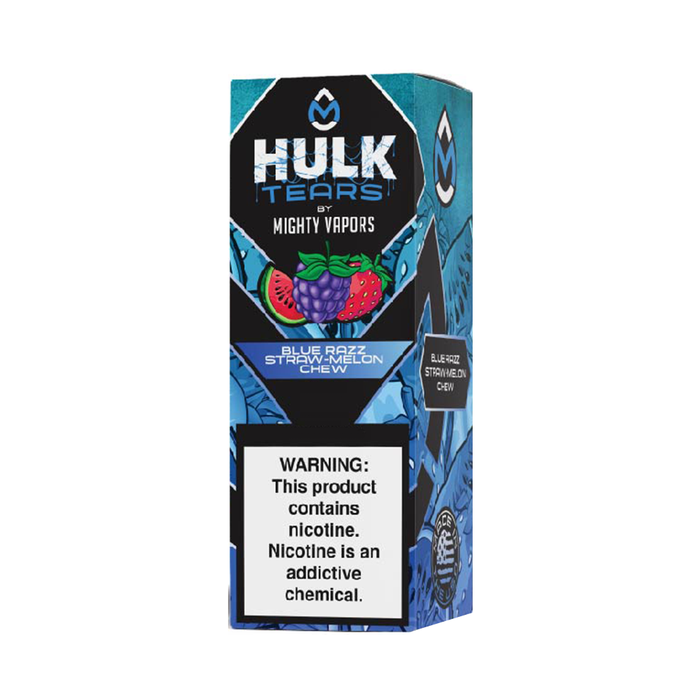 Hulk Tears Blue Razz Straw Melon Chew | Mighty Vapors Hulk Tears Salts | 30mL packaging