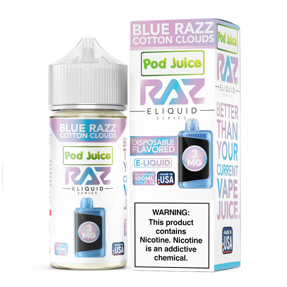 Blue Razz Cotton Clouds | Pod Juice x RAZ | 100mL 3mg bottle with packaging