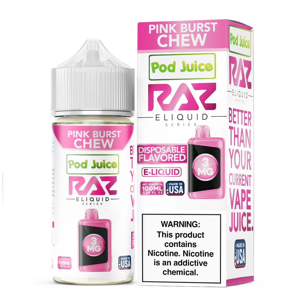 Pink Burst Chew | Pod Juice x RAZ | 100mL 3mg bottle with packaging