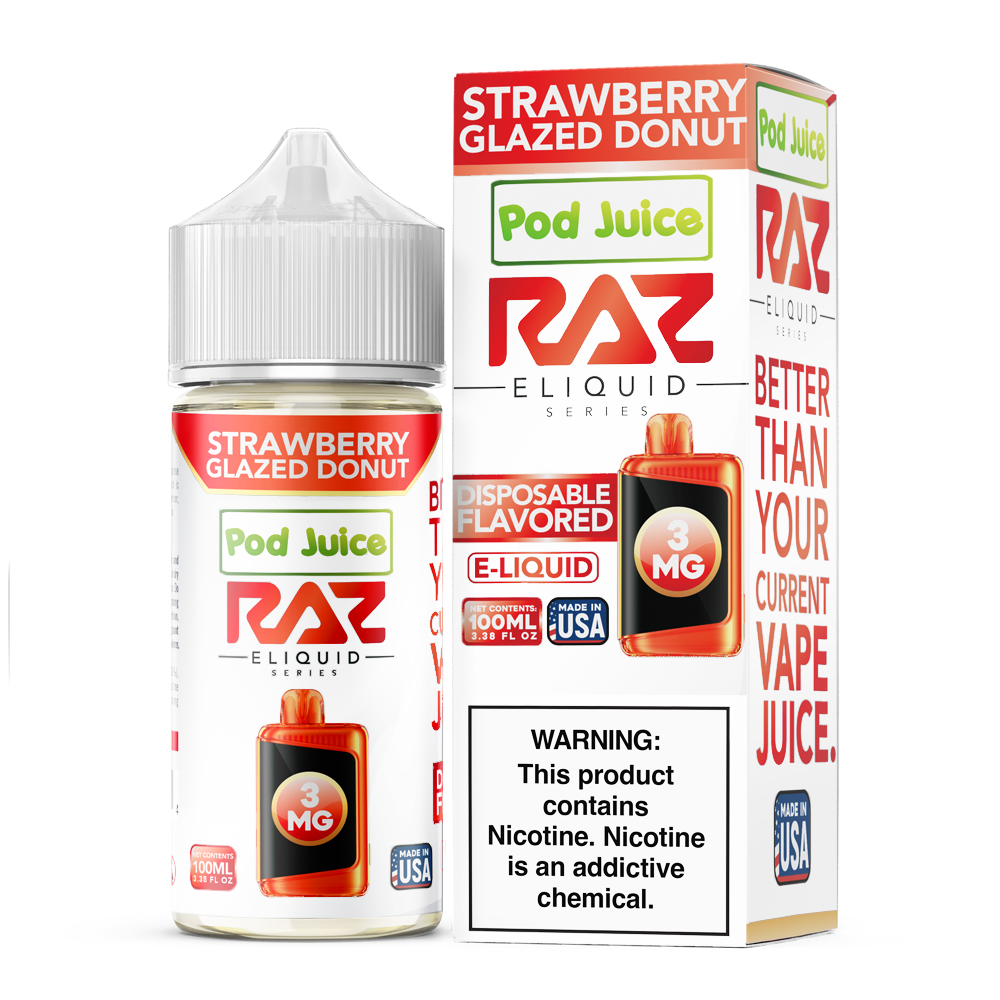 Strawberry Glazed Donut | Pod Juice x RAZ | 100mL 3mg bottle with packaging