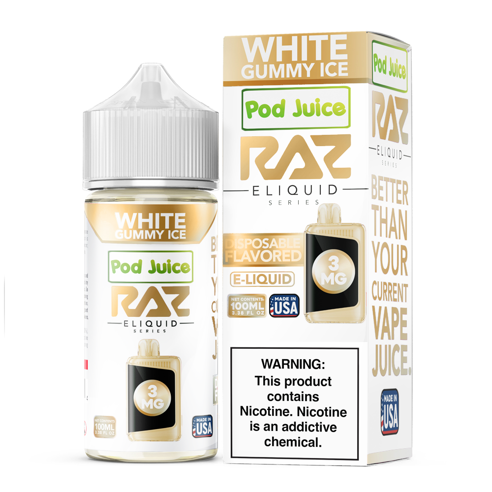 White Gummy Ice Pod Juice x RAZ 100mL with packaging