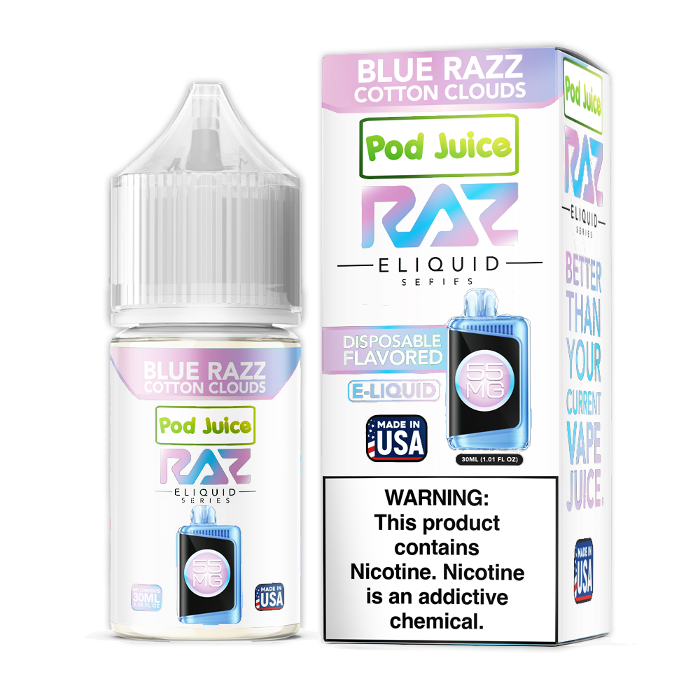 Blue Razz Cotton Clouds | Pod Juice x RAZ Salts | 30mL 55mg bottle with packaging