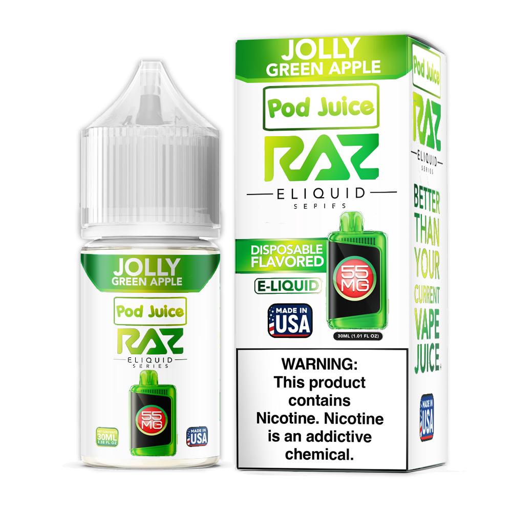 Jolly Green Apple | Pod Juice x RAZ Salts | 30mL 55mg bottle with packaging