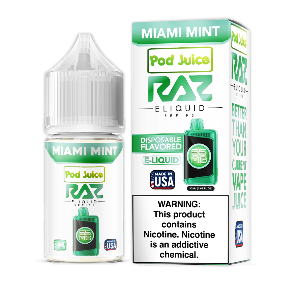 Miami Mint | Pod Juice x RAZ Salts | 30mL 55mg bottle with packaging