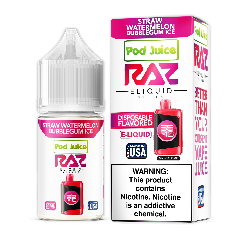 Straw Watermelon Bubblegum Ice | Pod Juice x RAZ Salts | 30mL 55mg bottle with packaging