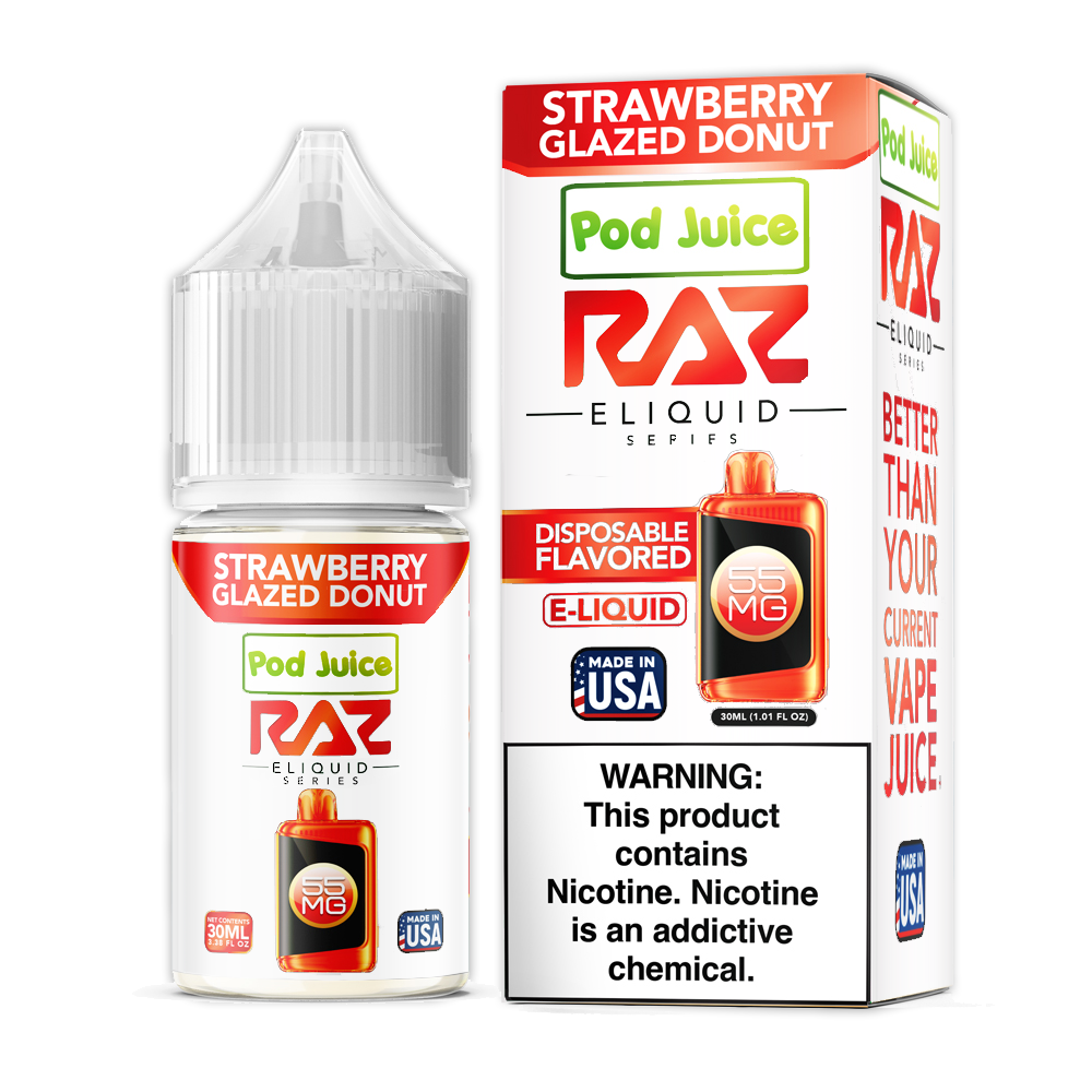 Strawberry Glazed Donut | Pod Juice x RAZ Salts | 30mL 55mg bottle with packaging