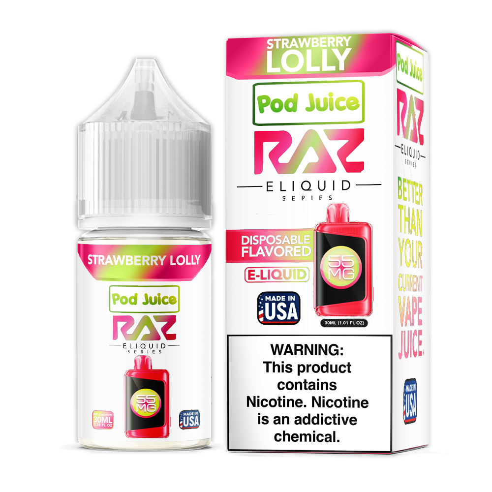 Strawberry Lolly | Pod Juice x RAZ Salts | 30mL 55mg bottle with packaging