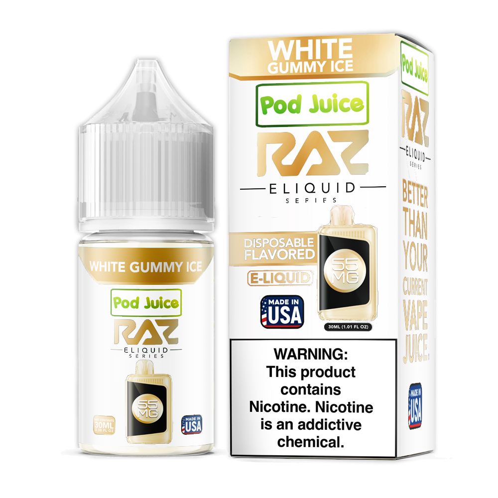 White Gummy Ice | Pod Juice x RAZ Salts | 30mL 55mg bottle with packaging