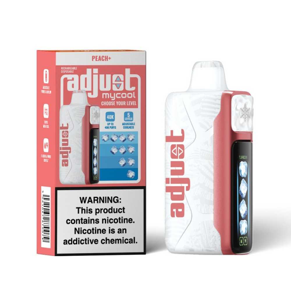 Adjust MyCool E-Cig Disposable 40000 Puff 20mL 50mg Peach+ with packaging