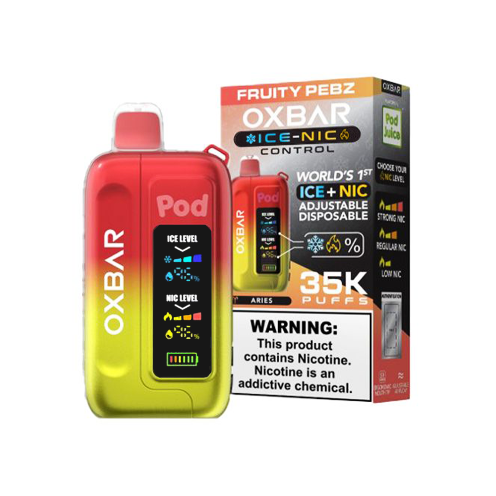 Oxbar Ice-Nic Control Pod Juice Edition E-Cig Disposable 35000 Puffs 14mL 50mg Fruity Pebz with packaging