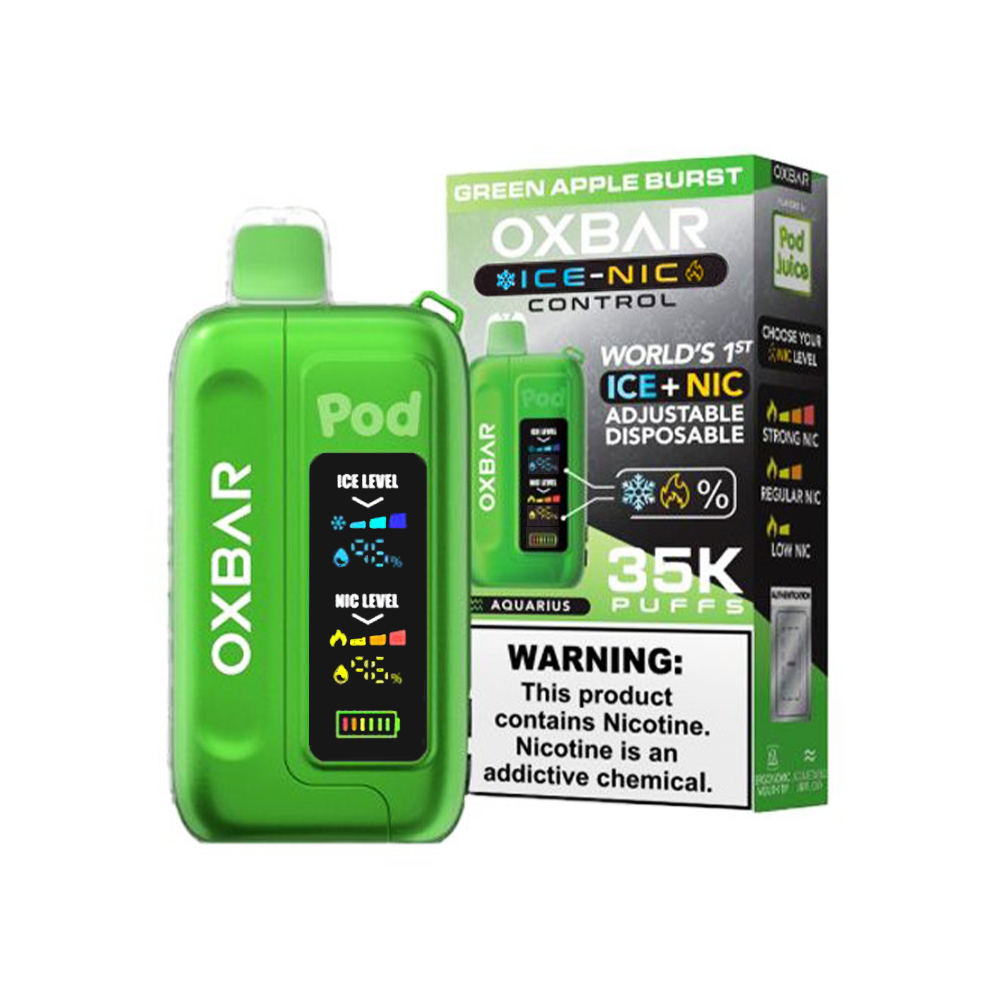 Oxbar Ice-Nic Control Pod Juice Edition E-Cig Disposable 35000 Puffs 14mL 50mg Green Apple Burst with packaging