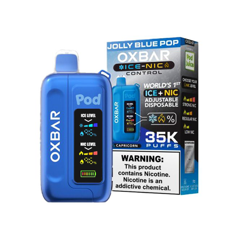 Oxbar Ice-Nic Control Pod Juice Edition E-Cig Disposable 35000 Puffs 14mL 50mg Jolly Blue Pop with packaging