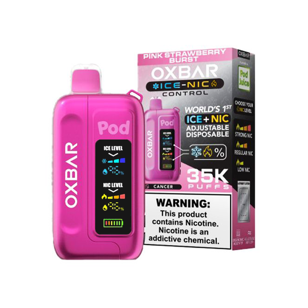 Oxbar Ice-Nic Control Pod Juice Edition E-Cig Disposable 35000 Puffs 14mL 50mg Pink Strawberry Burst with packaging