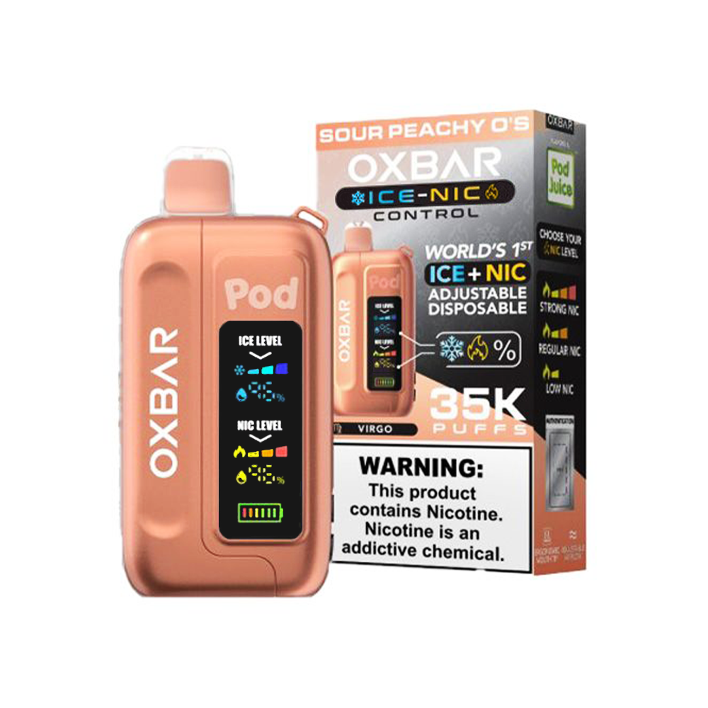 Oxbar Ice-Nic Control Pod Juice Edition E-Cig Disposable 35000 Puffs 14mL 50mg Sour Peachy O's with packaging