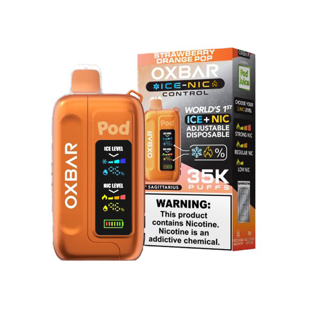 Oxbar Ice-Nic Control Pod Juice Edition E-Cig Disposable 35000 Puffs 14mL 50mg Strawberry Orange Pop with packaging