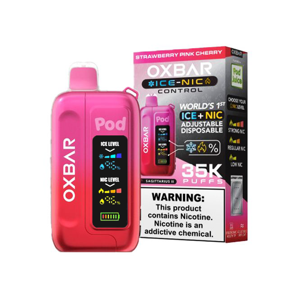 Oxbar Ice-Nic Control Pod Juice Edition E-Cig Disposable 35000 Puffs 14mL 50mg Strawberry Pink Cherry with packaging